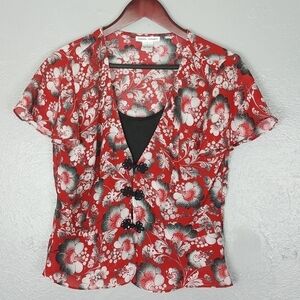 Michele Michelle Vintage Y2K Red Floral Open Front Blouse